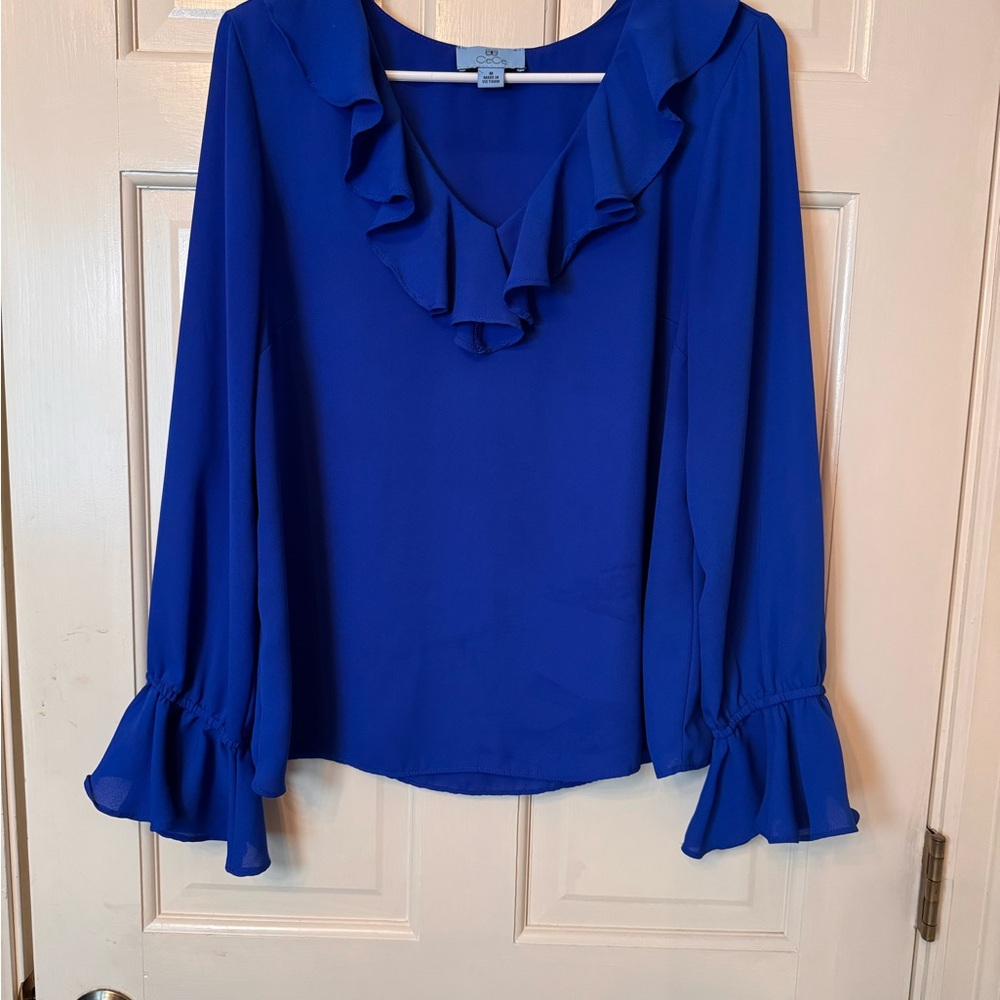 CeCe Royal Blue Ruffle Blouse | Size M | Long Sleeve V-Neck
